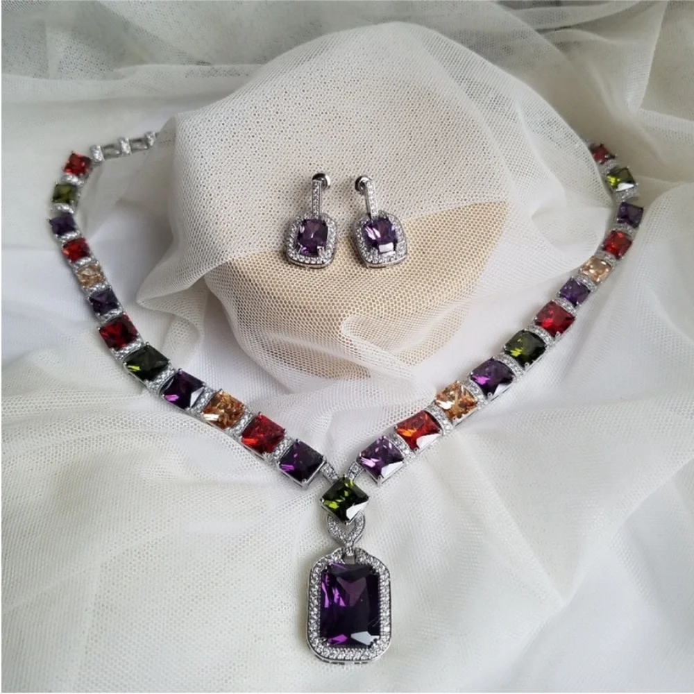 Swarovski Elements Amethyst Purple Emerald-cut Halo Earrings NEW - Picture 6 of 14